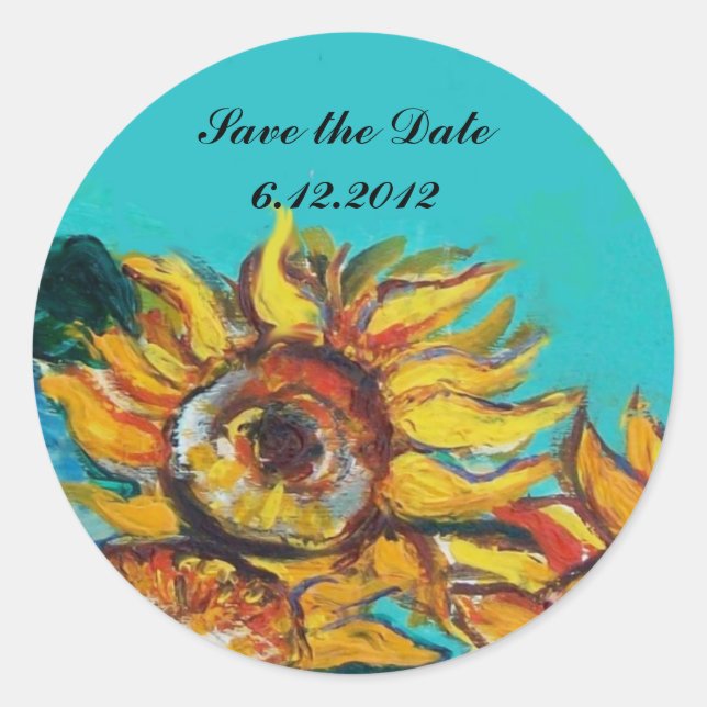 SONNENBLUMEN Save the Date IN BLAUEM TURQUOISE Runder Aufkleber (Vorderseite)