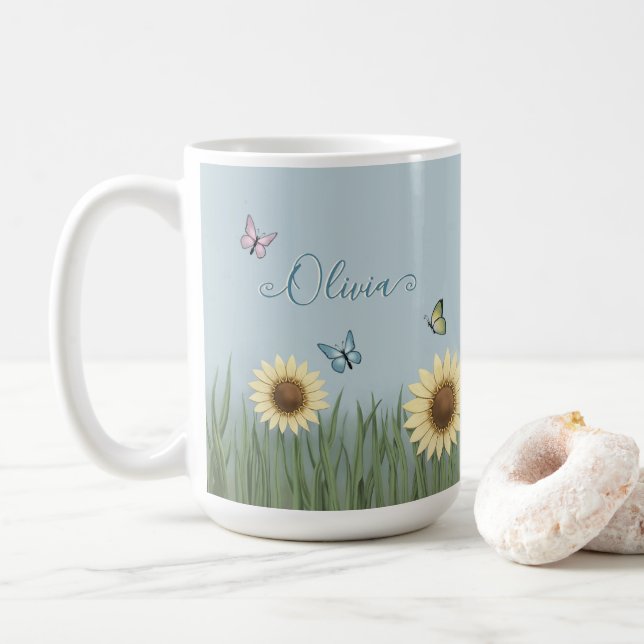 Sonnenblumen-Schmetterling-Blumen Kaffeetasse (Mit Donut)
