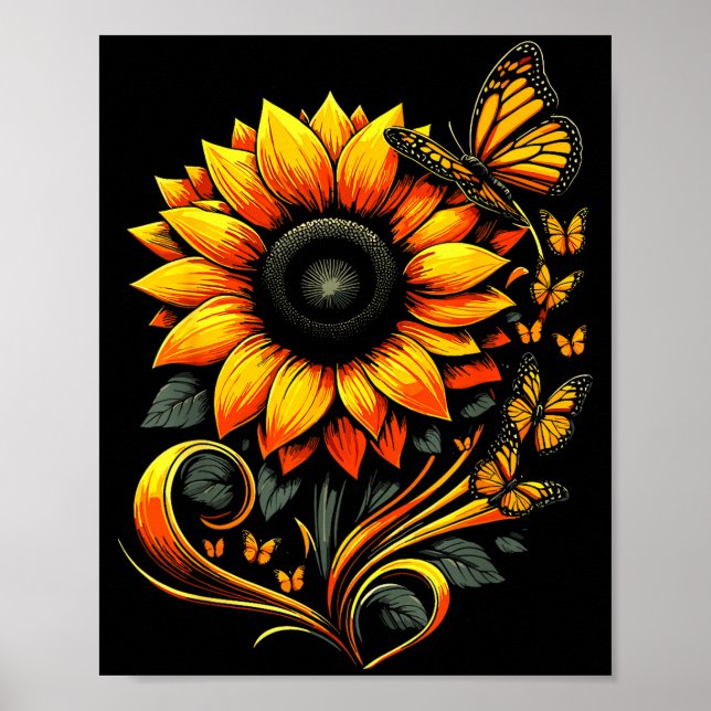 Sonnenblumen-Schmetterling-Blumen-Natur-Kunst Poster (Vorne)