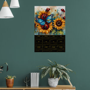 Sonnenblumen, Schmetterling und Marienkäfer  Poster