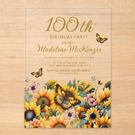 Sonnenblumen Schmetterlinge 100. Geburtstagsparty Acryleinladungen