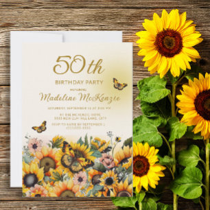 Sonnenblumen Schmetterlinge 50. Geburtstagsparty d Einladung