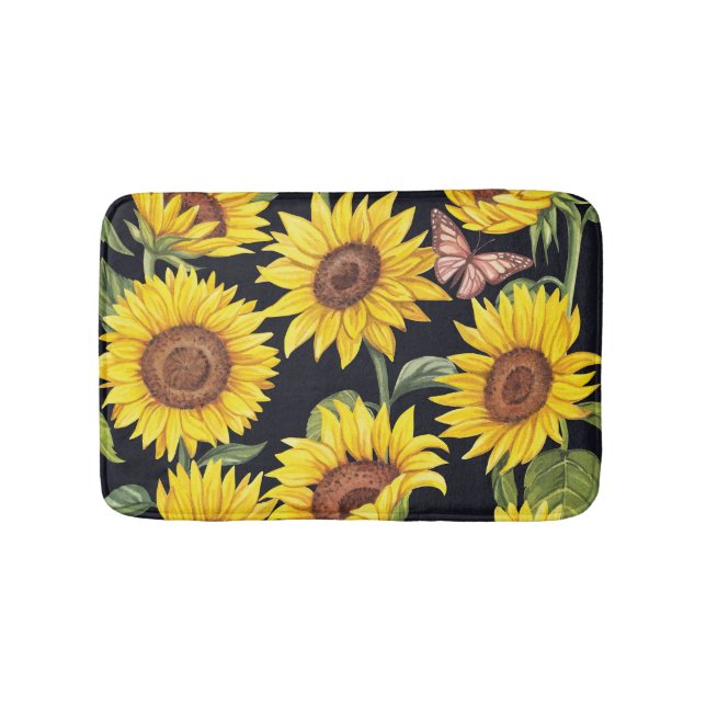 Sonnenblumen, Schmetterlinge, Aquarellschwarz Badematte (Vorderseite)