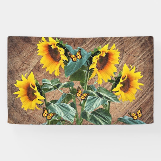 Sonnenblumen Schmetterlinge Rustikales Barnboard Banner (Horizontal)