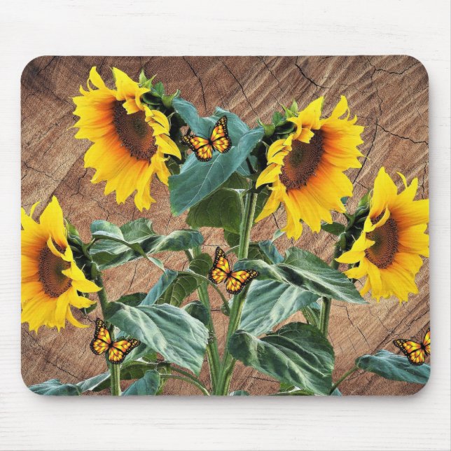 Sonnenblumen Schmetterlinge Rustikales Barnboard Mousepad (Vorne)