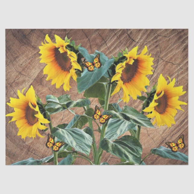 Sonnenblumen Schmetterlinge Rustikales Barnboard Seidenpapier (Vorderseite)