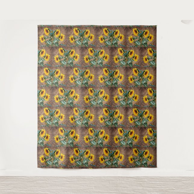Sonnenblumen Schmetterlinge Rustikales Barnboard Wandteppich (Vorderseite)
