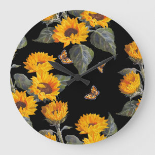 Sonnenblumen & Schmetterlinge: Wasserfarbe Schwarz Große Wanduhr