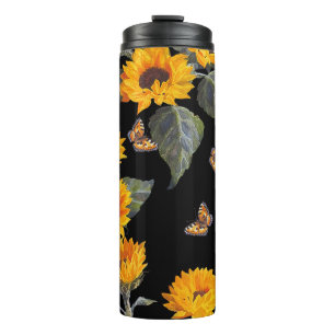 Sonnenblumen & Schmetterlinge: Wasserfarbe Schwarz Thermosbecher