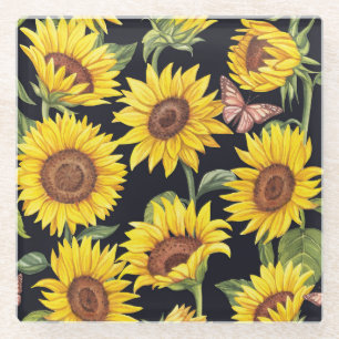 Sonnenblumen, Schmetterlinge, Wasserfarbe schwarze Glasuntersetzer