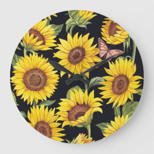 Sonnenblumen, Schmetterlinge, Wasserfarbe schwarze Große Wanduhr