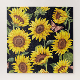 Sonnenblumen, Schmetterlinge, Wasserfarbe schwarze Puzzle