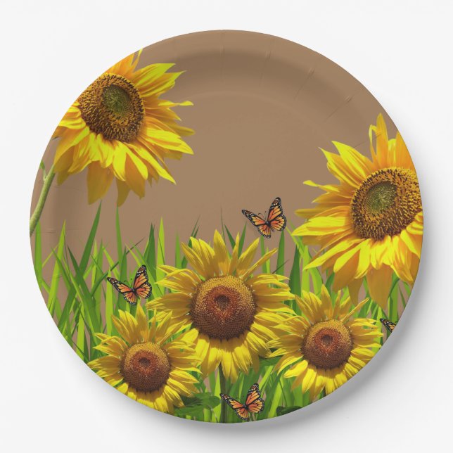 Sonnenblumen Schmetterlingspapier-Teller Pappteller (Vorderseite)