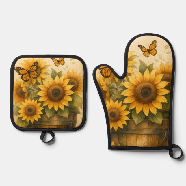 Sonnenblumen-Schürze Ofenhandschuh & Topflappen-Set (Vorderseite)