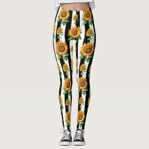 Sonnenblumen Schwarz-weiße Streifen Leggings