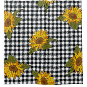 Sonnenblumen, Schwarz-weißer Büffel-Karo, Blumen. Duschvorhang