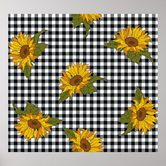 Sonnenblumen, Schwarz-weißer Büffel-Karo, Blumen. Poster (Vorne)