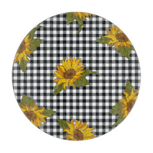 Sonnenblumen, schwarz-weißer Büffel-Karo, floral. Schneidebrett