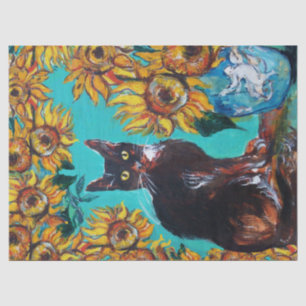 SONNENBLUMEN, SCHWARZE KATZE IN BLAUEM TÜRKISCH SEIDENPAPIER