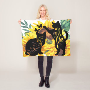 Sonnenblumen Schwarze Katzen Wasserfarben Floral Fleecedecke