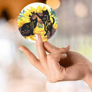 Sonnenblumen Schwarze Katzen Wasserfarben Floral Runder Aufkleber