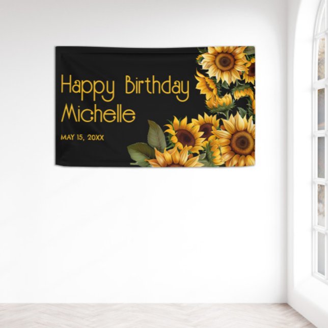 Sonnenblumen Schwarze Rustikale Elegante Glücklich Banner (Yellow sunflowers on black custom birthday party banner)