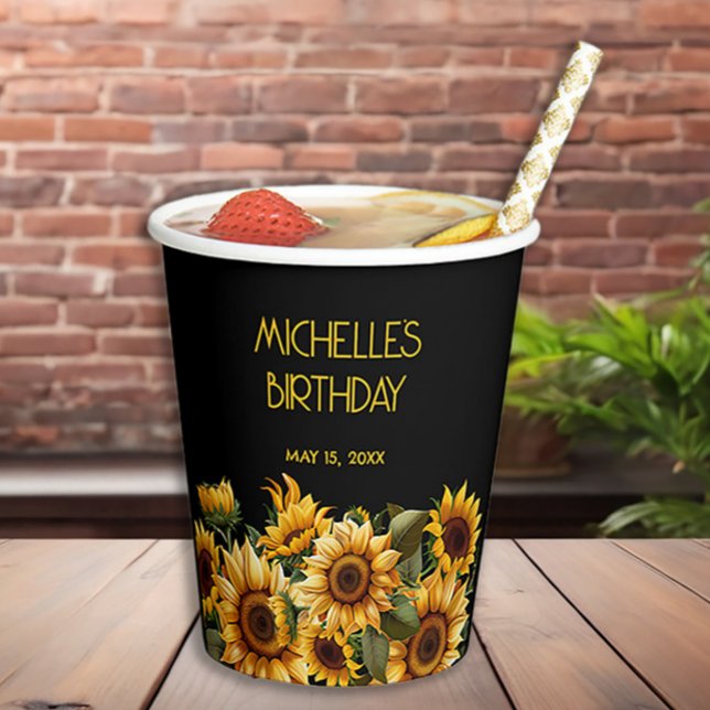 Sonnenblumen Schwarze Rustikale Elegante Name Gebu Pappbecher (Sunflowers on black birthday party paper cup)
