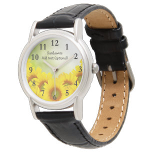Sonnenblumen Schwarzes Leder Armbanduhr