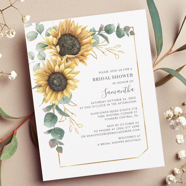 Sonnenblumen-Script-Brautparty Einladung (Floral Sunflower Eucalyptus Script Bridal Shower Invitation)