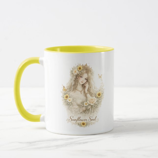 Sonnenblumen-Seelen-Blumen-Mädchen-Tasse Tasse (Links)