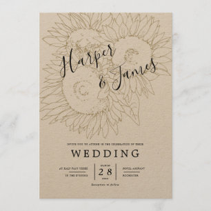 Sonnenblumen Sketch Rustic Kraftpapier Hochzeit Einladung