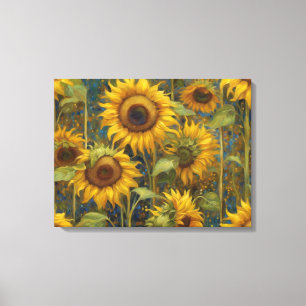 Sonnenblumen Sommertagsglanz mit blauen Ölgemälden Leinwanddruck