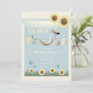 Sonnenblumen-Storch Geschlechtsneutrale Babyparty Einladung