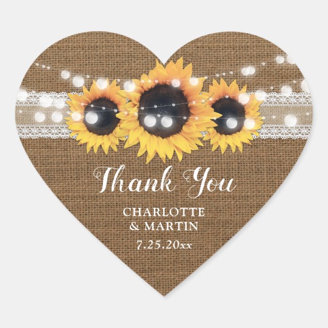 Sonnenblumen-String Lights Burlap Lace Hochzeit Herz-Aufkleber (Vorderseite)