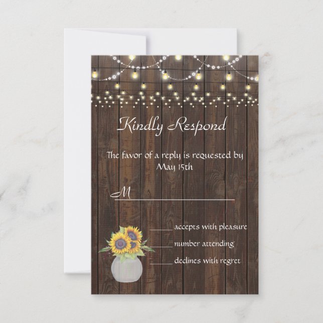 Sonnenblumen String Lights Old Wood Wedding RSVP (Vorderseite)