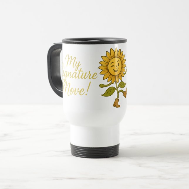 Sonnenblumen-Tasse „Sie hat Schwung & Sonnenschein Reisebecher (Vorderseite Links)