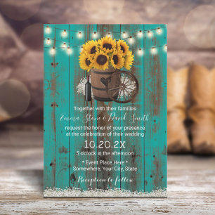 Sonnenblumen Teal Scheune Holzfass Rustikale Hochz Einladung