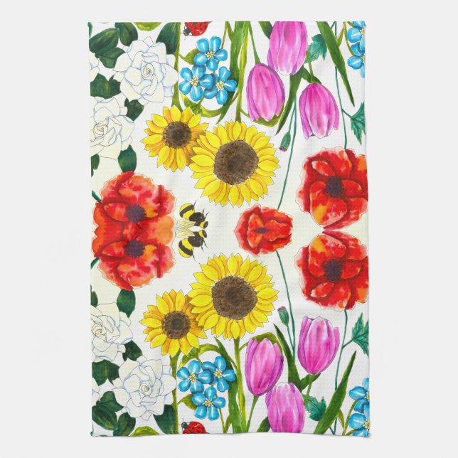 Sonnenblumen-, Tulpen- und Mohn-Blumengarten Geschirrtuch (Vertikal)