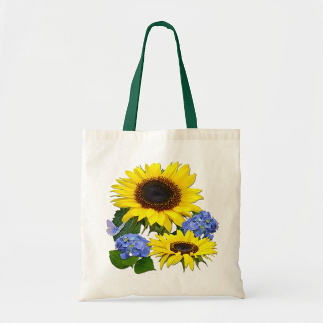SONNENBLUMEN u. HYDRANGEAS ~ Budget-Tasche Tragetasche (Vorne)