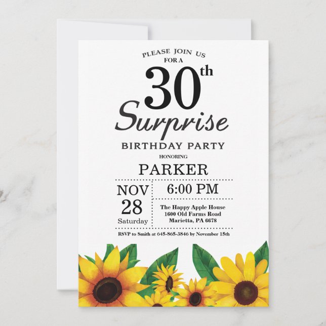 Sonnenblumen Überraschung 30. Geburtstag Einladung (Vorderseite)