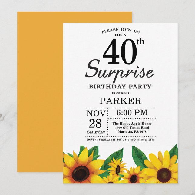 Sonnenblumen Überraschung 40. Geburtstag Einladung (Vorne/Hinten)