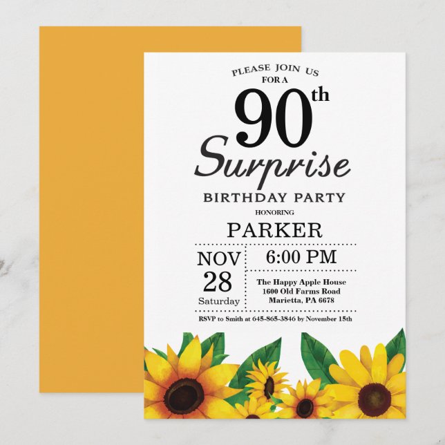 Sonnenblumen Überraschung 90. Geburtstag Einladung (Vorne/Hinten)