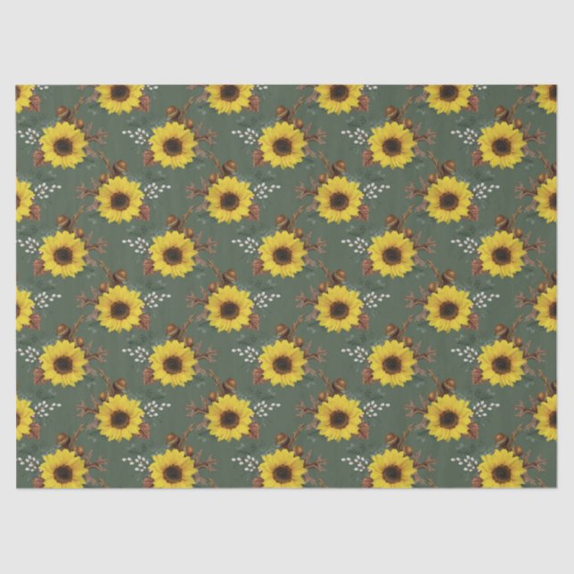 Sonnenblumen und Acorns auf der grünen Decoupage Seidenpapier (Vorderseite)