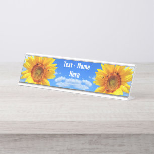Sonnenblumen und Bienen auf blauem Himmel - Ihr Te Schreibtischnamensplakette