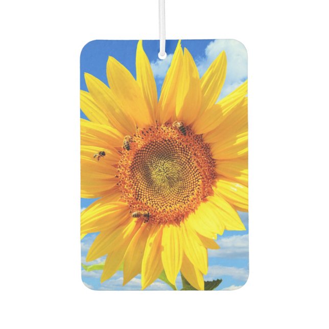 Sonnenblumen und Bienen auf Blue Sky Air Freshener Autolufterfrischer (Vorderseite)