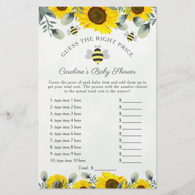 Sonnenblumen und Bienen Babydusche schätzen Preiss (Vorderseite)