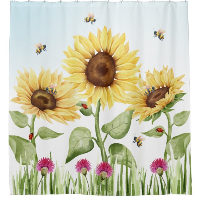 Sonnenblumen und Bienen Duschvorhang (Vorderseite)