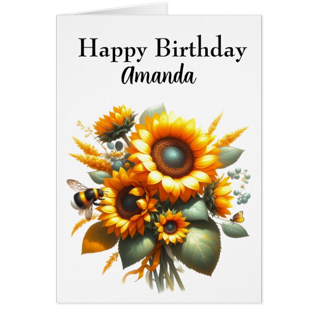 Sonnenblumen und Bienen Happy Birthday Card (Vorne)