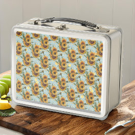 Sonnenblumen und Bienen im Vintagen Aqua Metall Brotdose