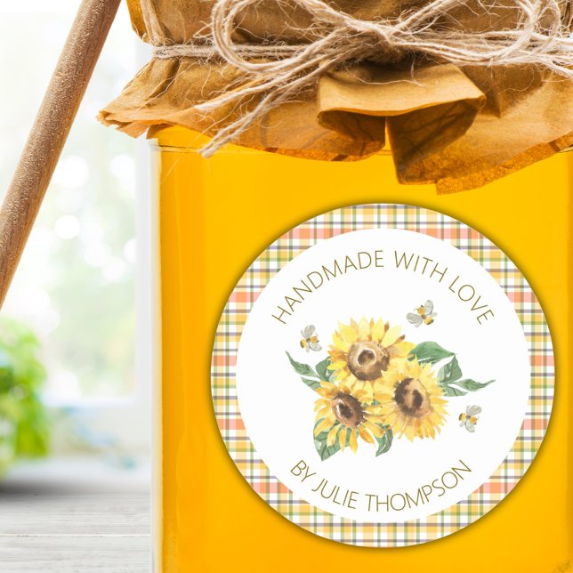 Sonnenblumen und Bienen 🐝 Kariertes handgemachtes Runder Aufkleber (Sunflower & Bees 🐝 Plaid Handmade Honey Classic Round Sticker)